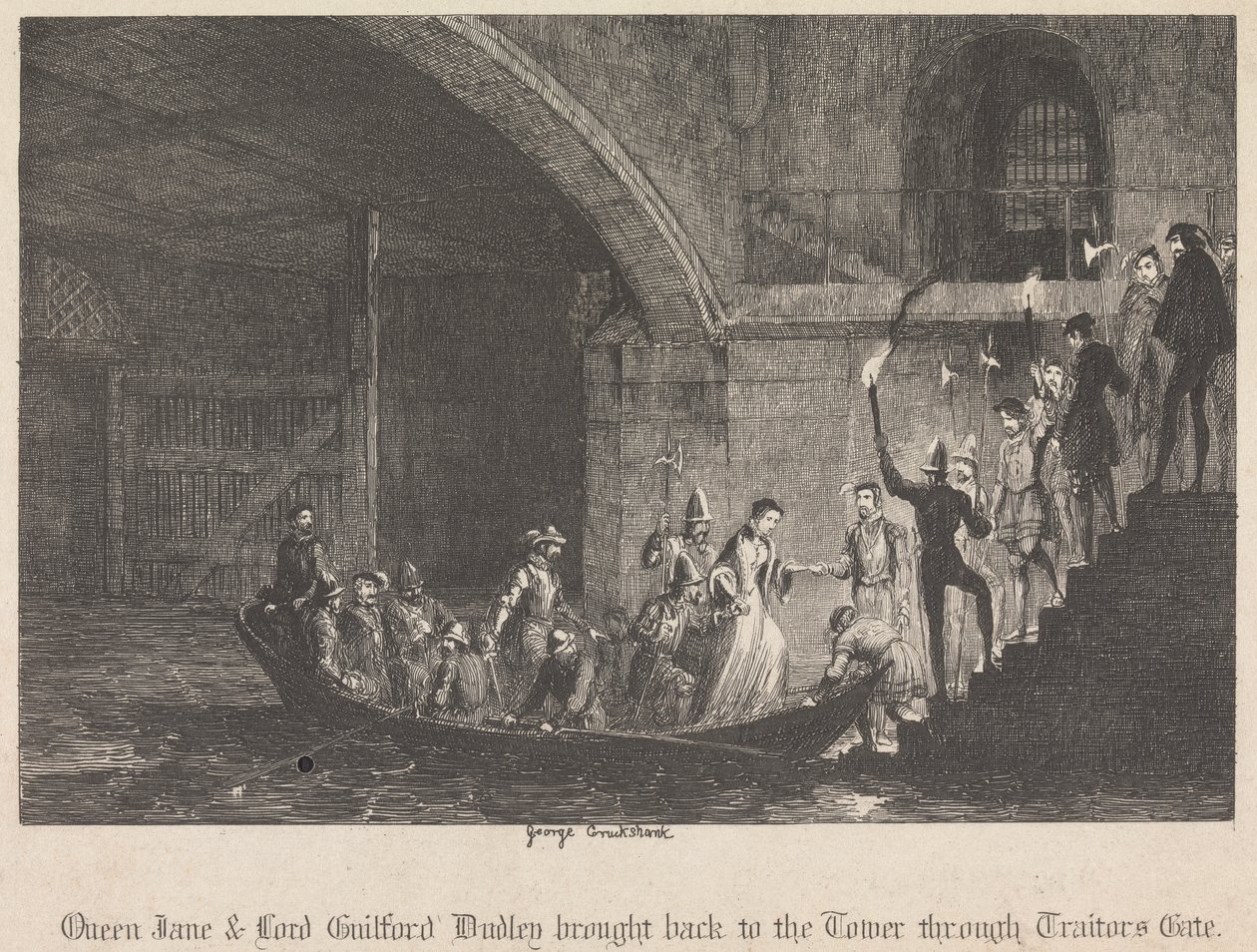 Dronning Jane og Lord Guilford Dudley bragt tilbage til Tower gennem Traitors Gate af George Cruikshank