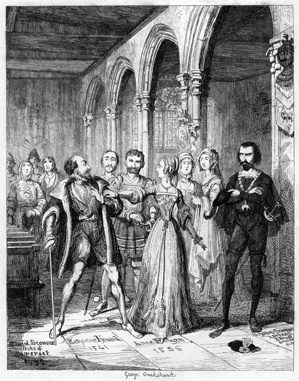 Dronning Jane mellem Northumberland og Simon Renard, 1553 1840. af George Cruikshank