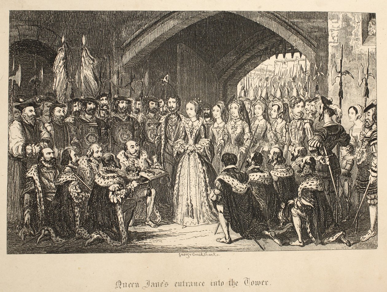 Dronning Janes Indgang til Tower, fra The Tower of London, pub. 1840 af George Cruikshank
