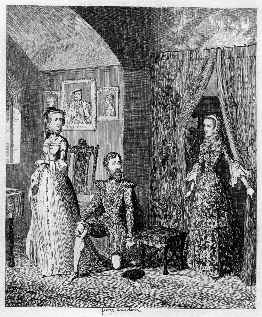 Dronning Mary overrasker Courtenay og prinsesse Elizabeth, 1553-1555 1840 af George Cruikshank