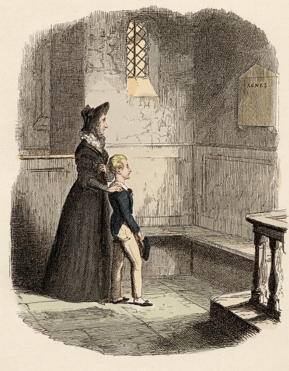 Rose Maylie og Oliver foran mindepladen af Agnes, deres søster og mor - Rose Maylie og Oliver - Illustration til "" Oliver Twist"" (Olivier) (The Adventures of Oliver Twist) af Charles Dickens (1812-1870), af George Cruikshank (179 af George Cruikshank