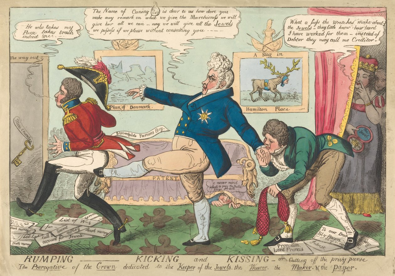 Rumping - Kicking and Kissing - oder - Abschneiden der Privy Purse af George Cruikshank
