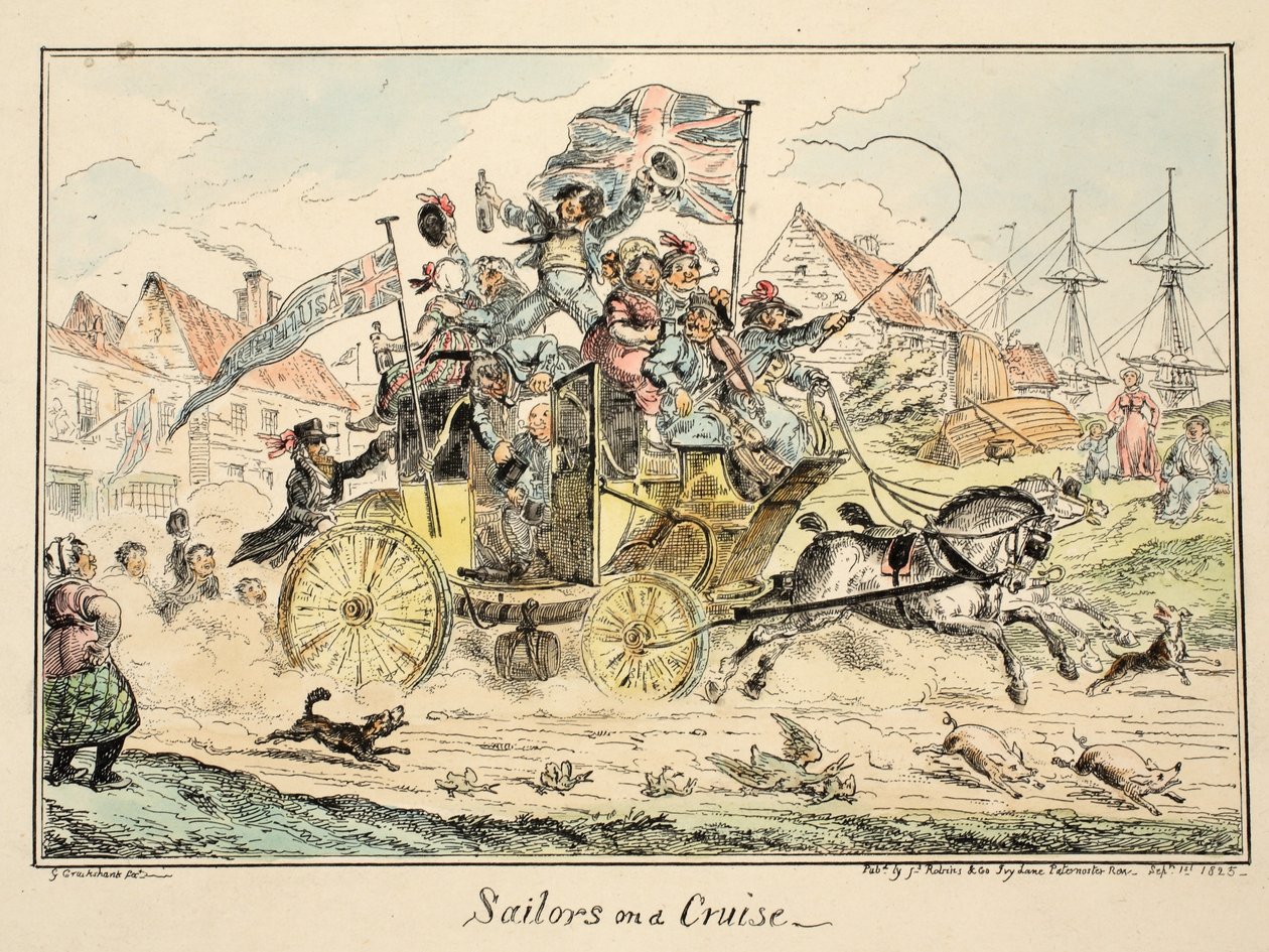 Sailors on a Cruise, from Greenwich Hospital, a Series of Naval Sketches, Descriptive of a Life of a Man-of-Wars Man, pub. 1826 (håndkoloreret gravering) af George Cruikshank