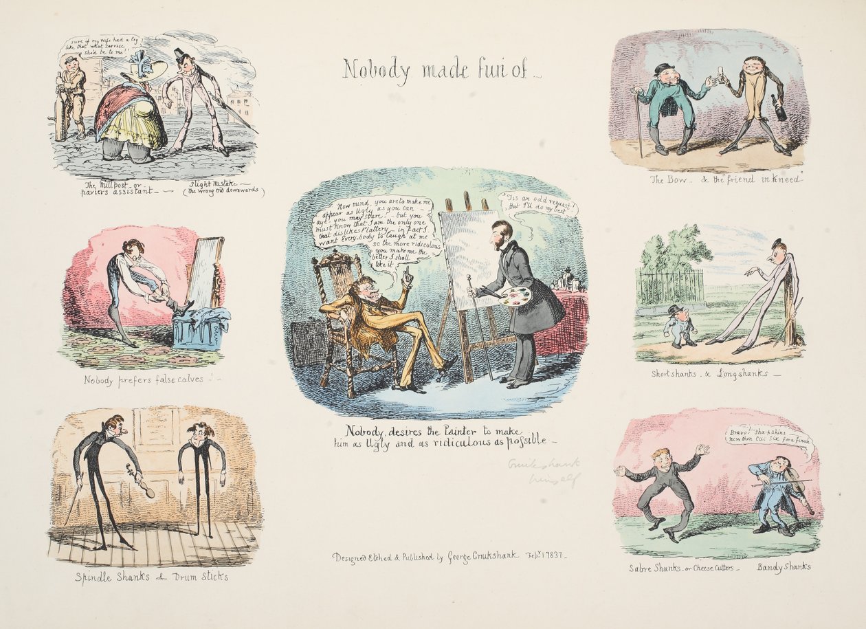 Rester og Skitser; Ingen lavet sjov med, pub. 1831 (håndfarvet gravering) af George Cruikshank