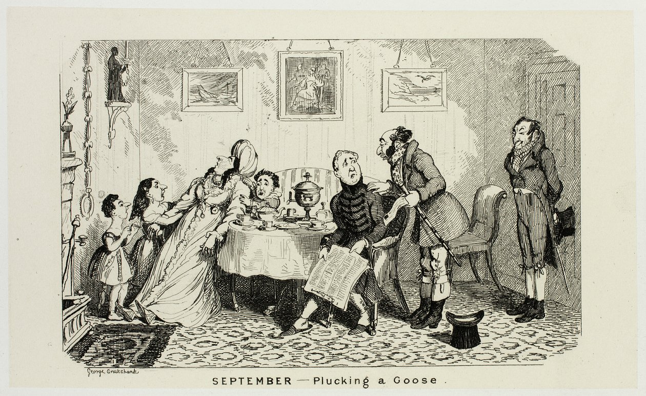 September - Plukning af en gås fra George Cruikshanks stålstik til The Comic Almanacks: 1835-1853 af George Cruikshank