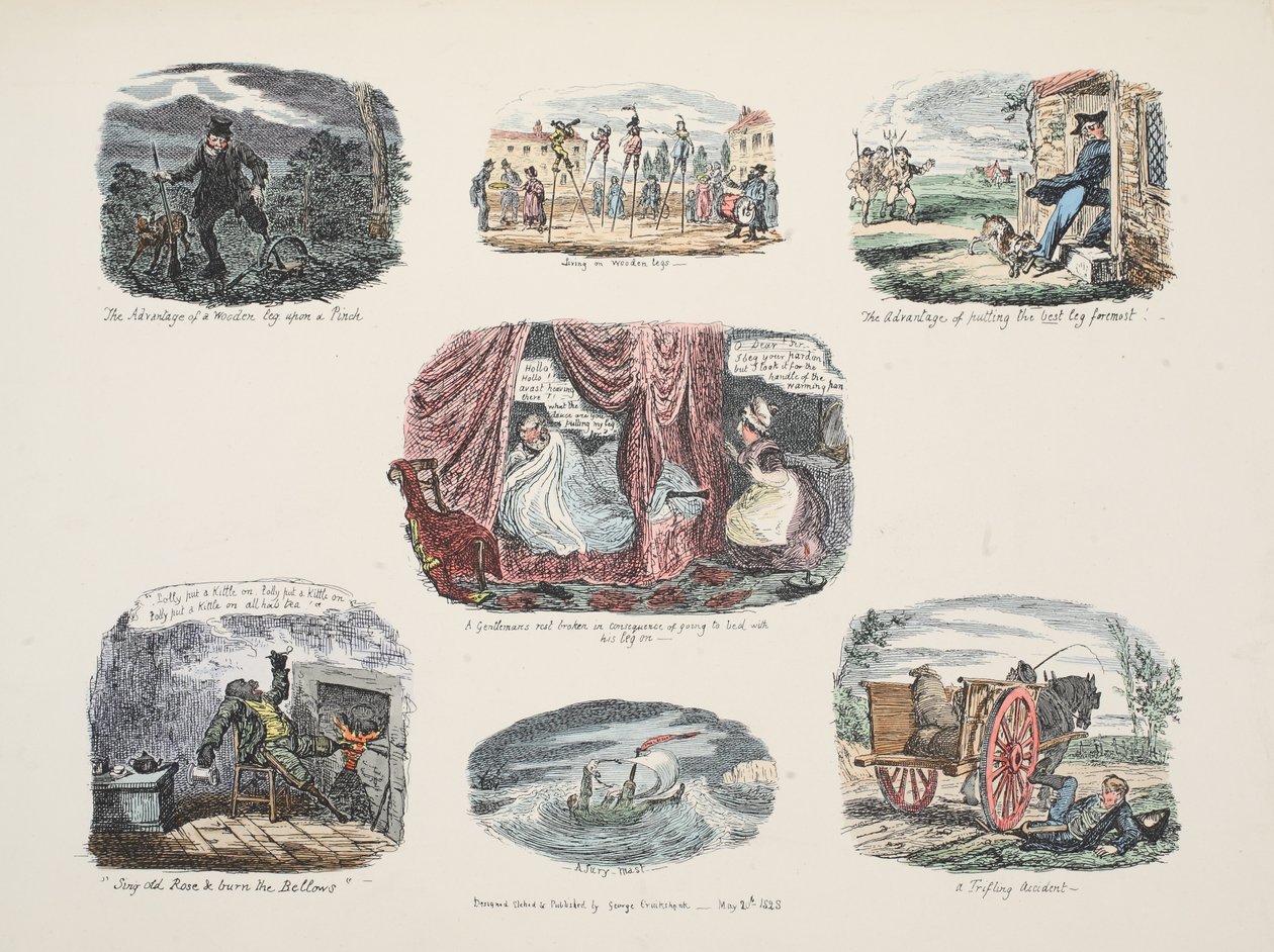 Serie af illustrationer vedrørende fordele og mangler ved at besidde et træben, pub. 1828 (håndfarvet gravering) af George Cruikshank