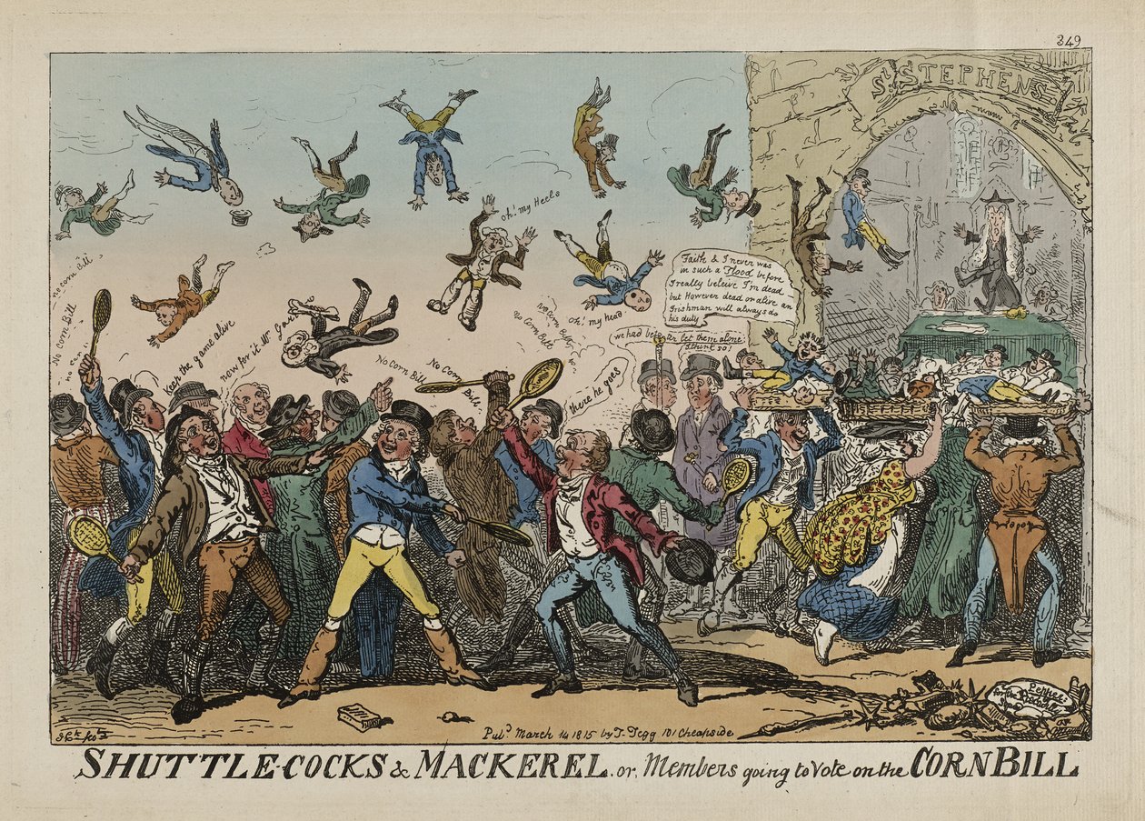 Fjerbolde og makrel, eller medlemmer, der skal stemme om majsloven, 14. marts af George Cruikshank