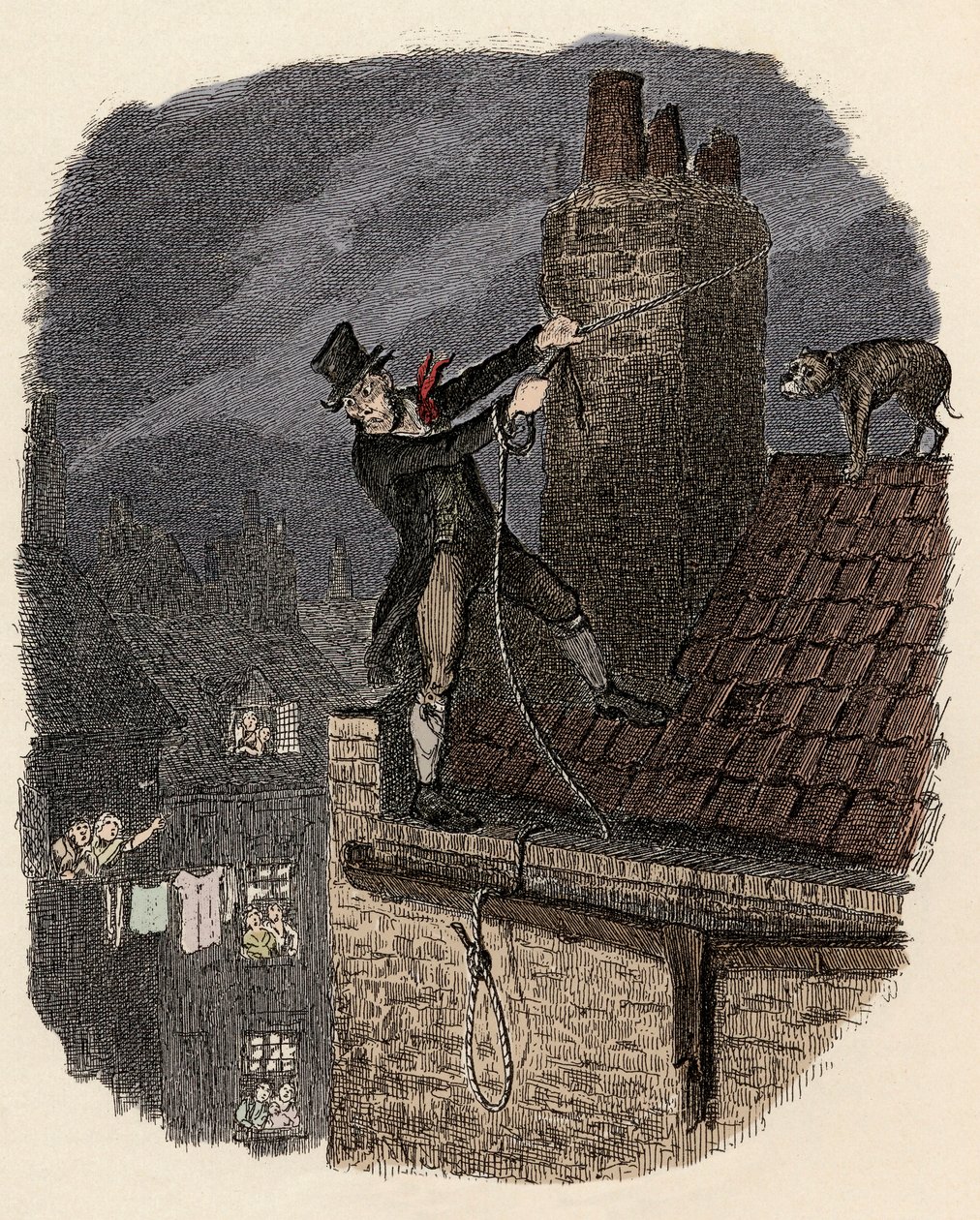 Sikes, efterfulgt af sin hund, forsøger at flygte - Den sidste chance - Illustration til "" Oliver Twist"" (Olivier) (The Adventures of Oliver Twist) af Charles Dickens (1812-1870), af George Cruikshank (1792-1878) . af George Cruikshank
