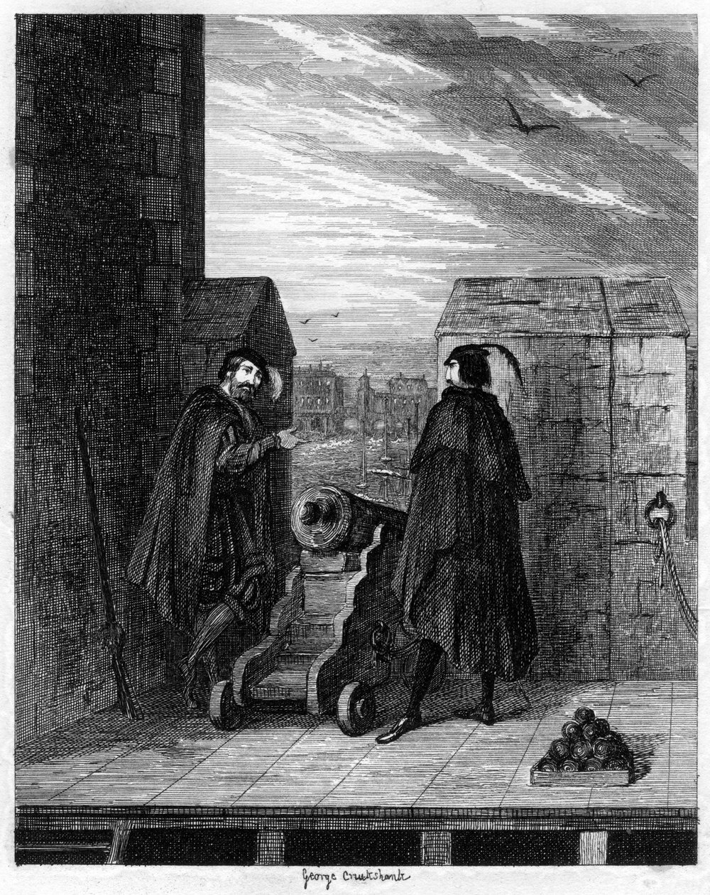 Simon Renard og vagtchefen Winwike på taget af Det Hvide Tårn, 1553 1840. af George Cruikshank
