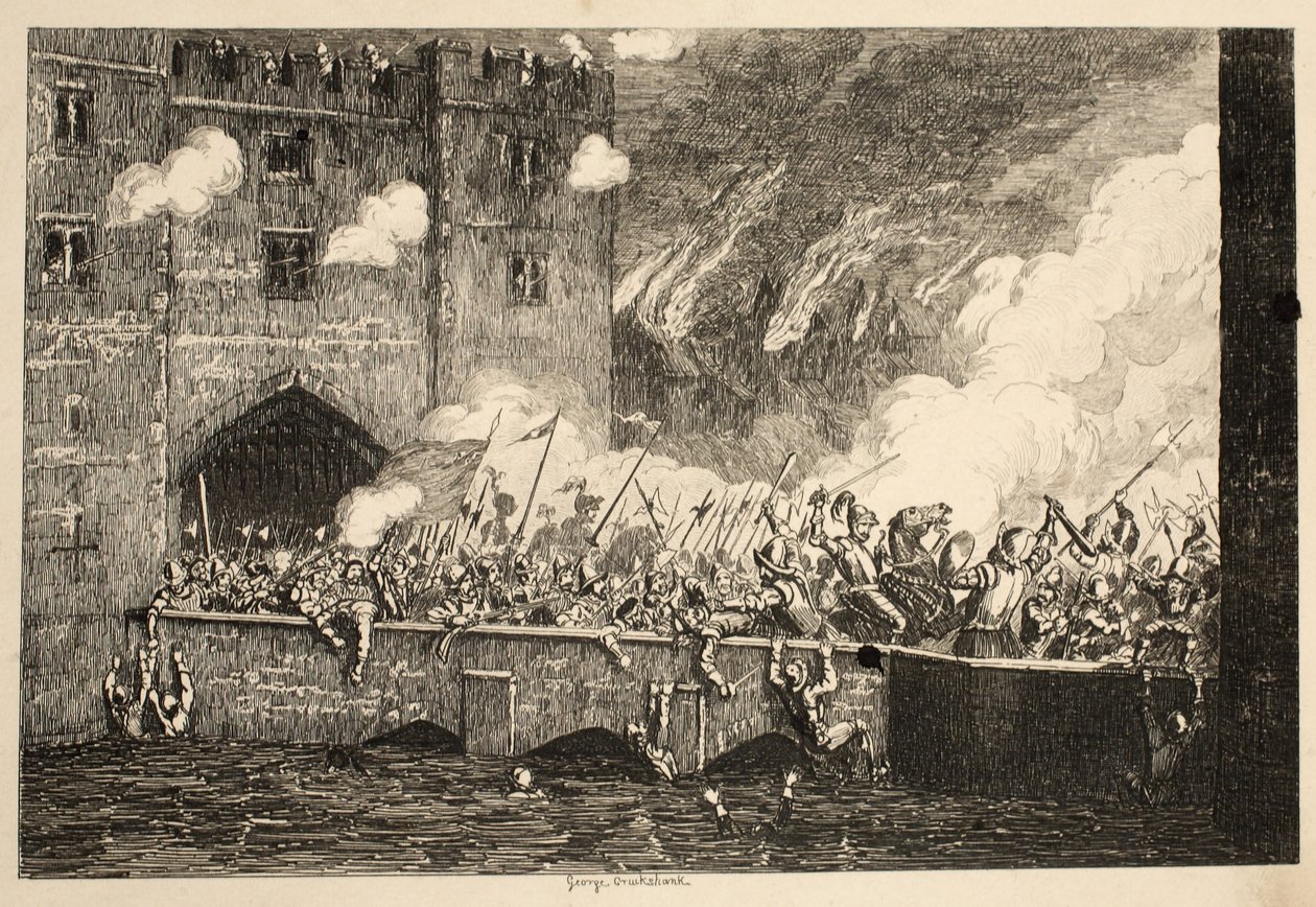 Sir Thomas Wyatt angriber By Ward Tower fra Tower of London, pub. 1840 af George Cruikshank