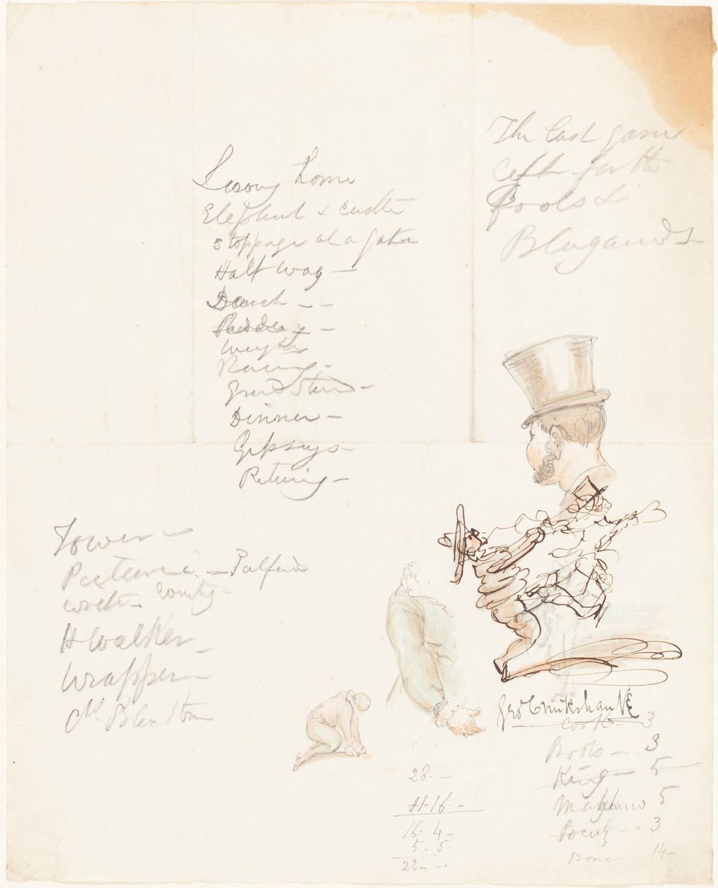 Skitser af hoved-, arm- og knælende figur af George Cruikshank