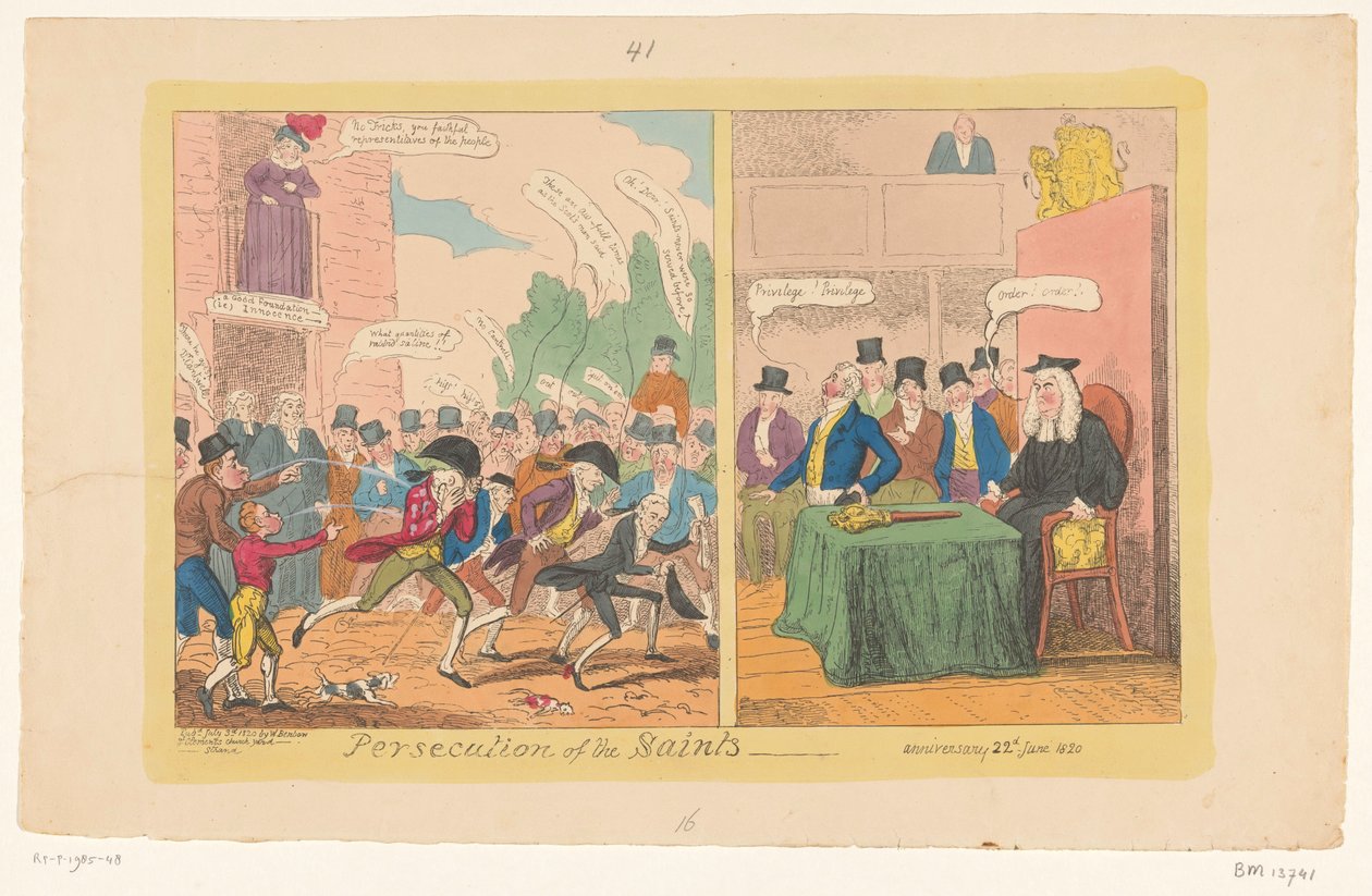 Tegneserie af engelsk indenrigspolitik, 1820 Forfølgelse af de hellige af George Cruikshank