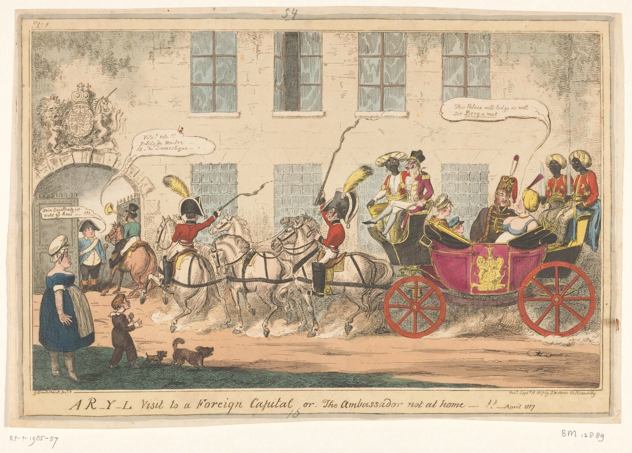 Spotprent af prinsesse Caroline, 1817 Et R-Y-L besøg i en udenlandsk hovedstad eller, ambassadøren ikke hjemme-!! (titel på objekt) af George Cruikshank