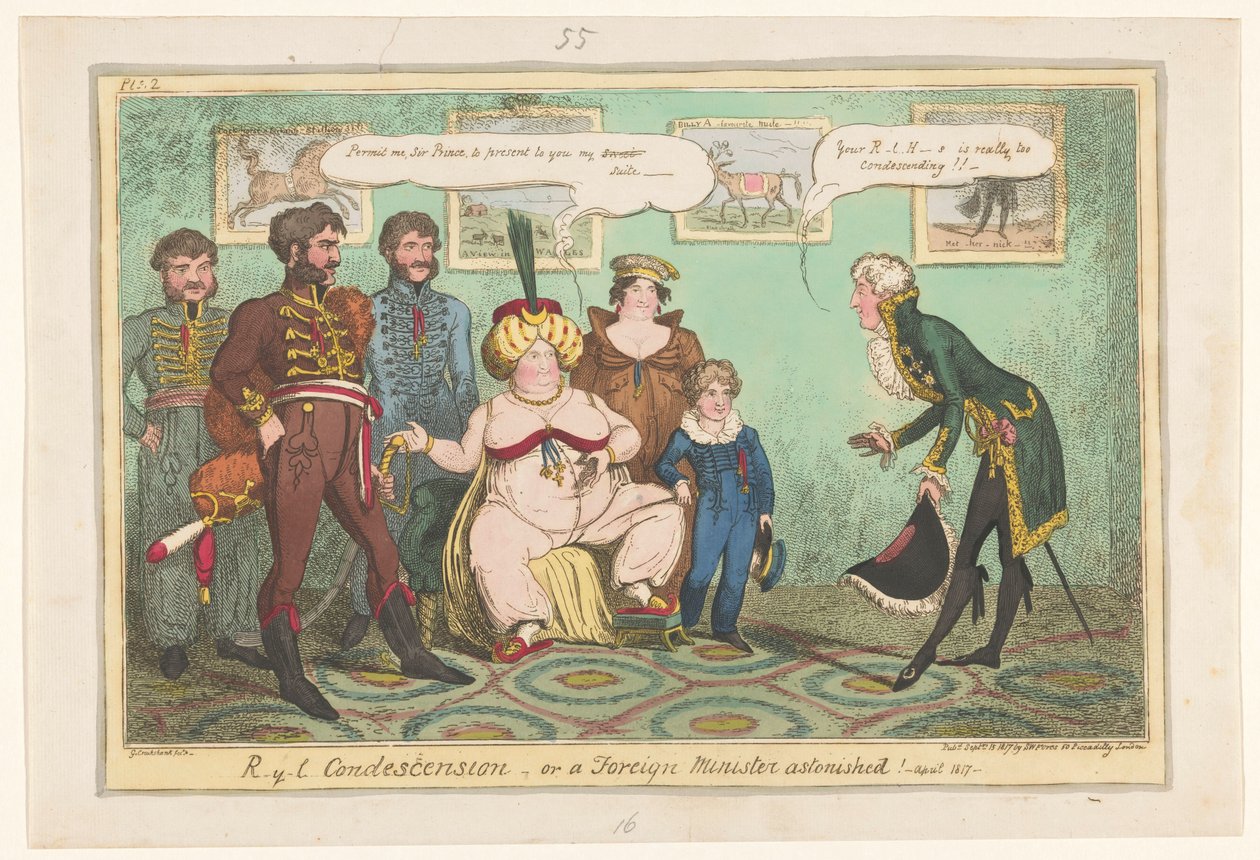 Spotprent af prinsesse Caroline, 1817 R-y-l Nedladenhed eller en udenrigsminister forbavset! af George Cruikshank