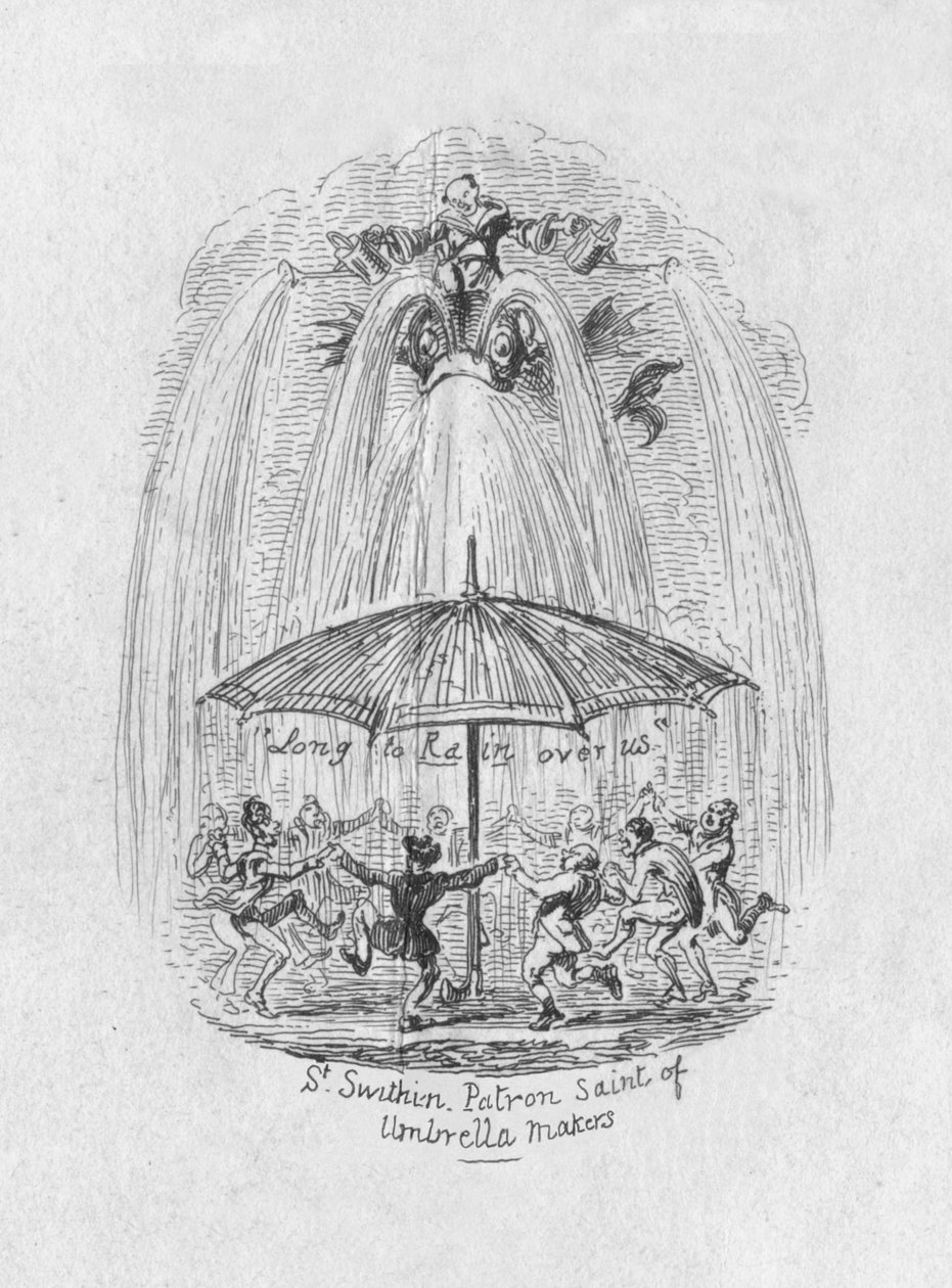 St. Swithin skytshelgen for paraplymagere, 1829 af George Cruikshank