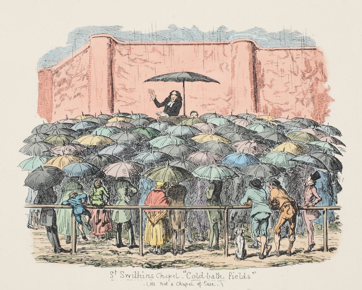 St Swithuns Chapel Cold-bath marker, pub. 1833 (håndkoloreret gravering) af George Cruikshank
