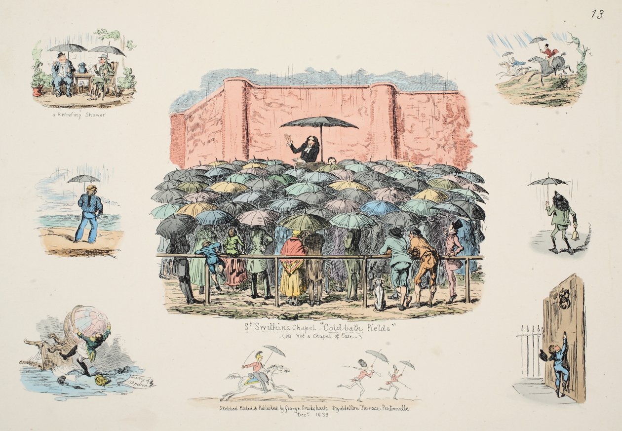 St Swithuns Chapel Cold-bath marker, pub. 1833 (håndkoloreret gravering) af George Cruikshank