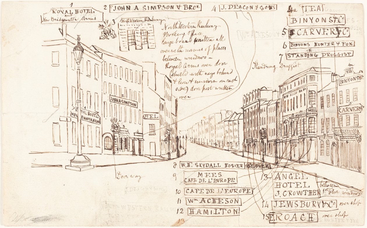 Gadeperspektiv med forretningssteder mærket af George Cruikshank