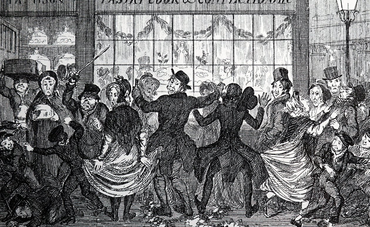 Gadepindsvin forårsager kaos i menneskemængden uden for en konditor- og konditorbutik på 12. nat af George Cruikshank