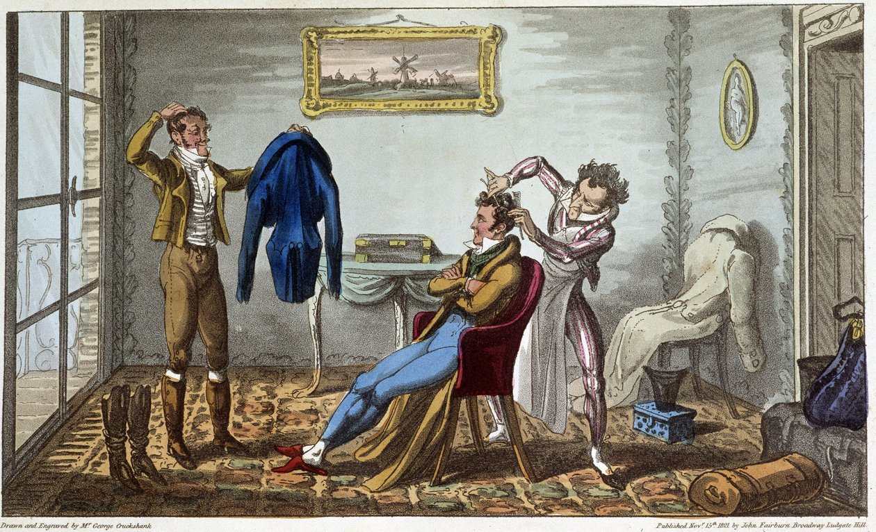 Skrædder og frisør i hjemmet - i "" Life in Paris"" af David Carey, ill. af George Cruikshank, red. Fairburn, London af George Cruikshank