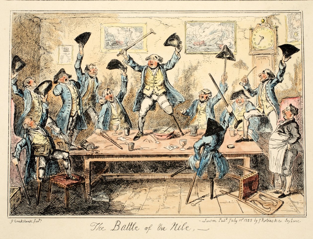 The Battle of the Nile, fra Greenwich Hospital, en række flådeskitser, Descriptive of a Life of a Man-of-Wars Man, pub. 1826 (håndfarvet gravering) af George Cruikshank