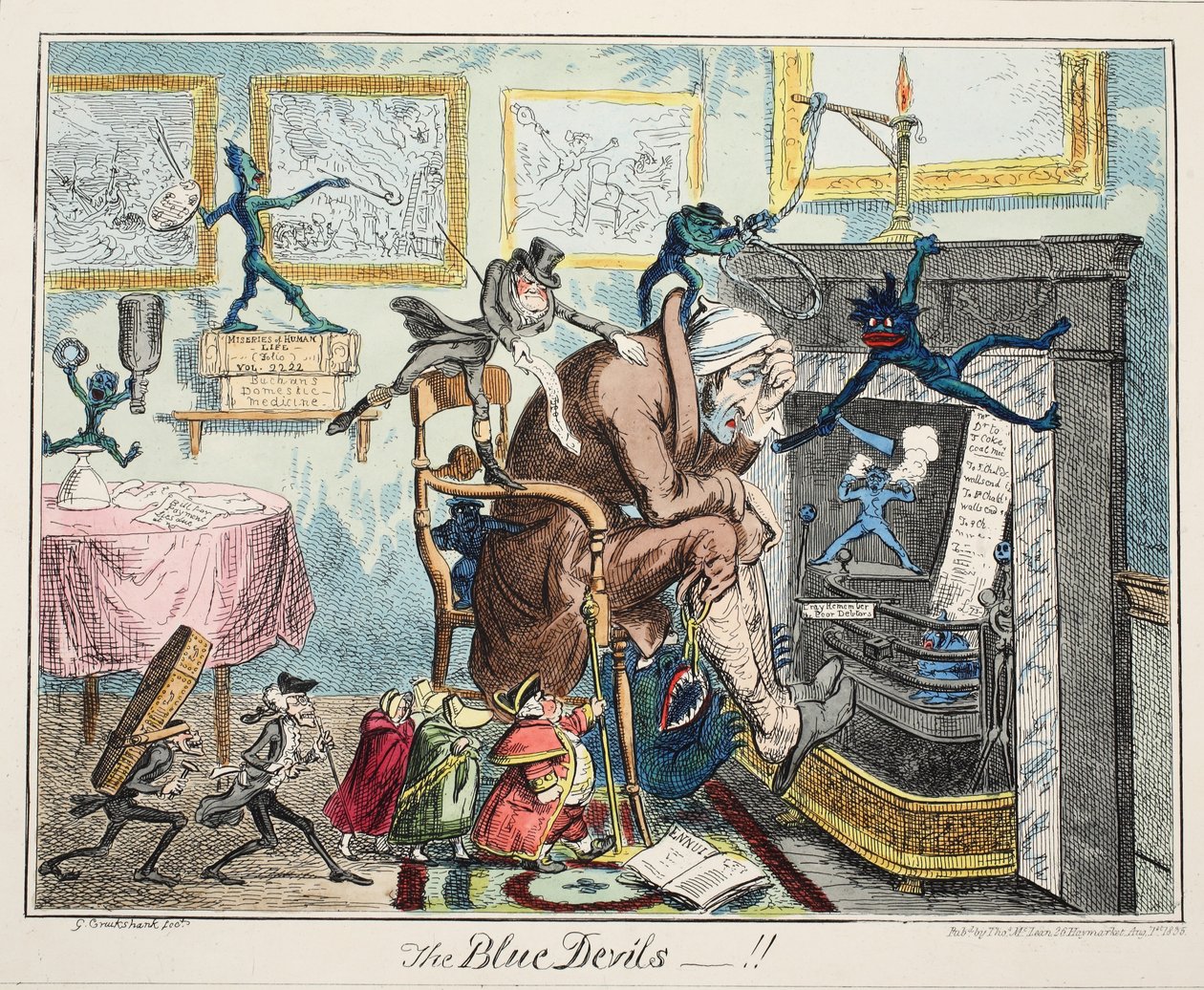 The Blue Devils, pub. 1835 (håndfarvet gravering) af George Cruikshank