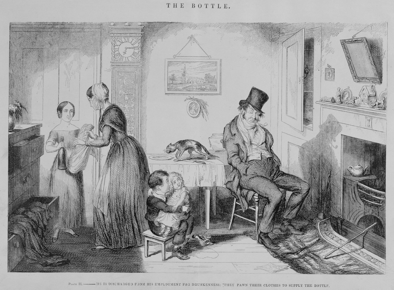 Flasken, Plade II, Han bliver afskediget fra sit arbejde for fuldskab: de pantsætter deres tøj for at forsyne flasken, 1847 af George Cruikshank