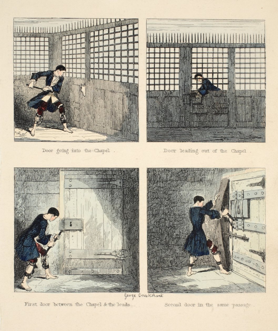 The Escape No. 2, illustration fra Jack Sheppard: A Romance af William Harrison Ainsworth, pub. 1839 (håndfarvet gravering) af George Cruikshank