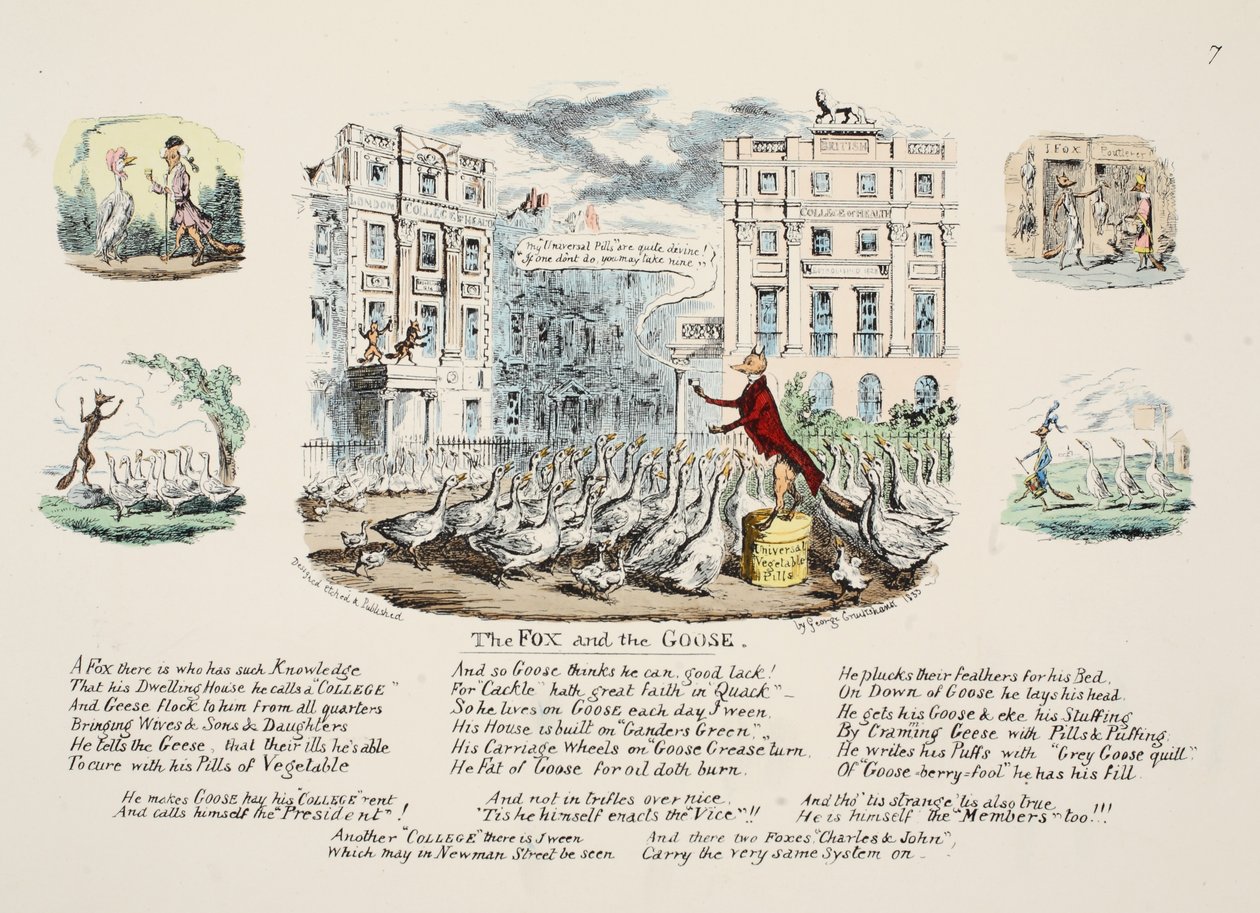 Ræven og Gåsen, pub. 1833 (håndfarvet gravering) af George Cruikshank
