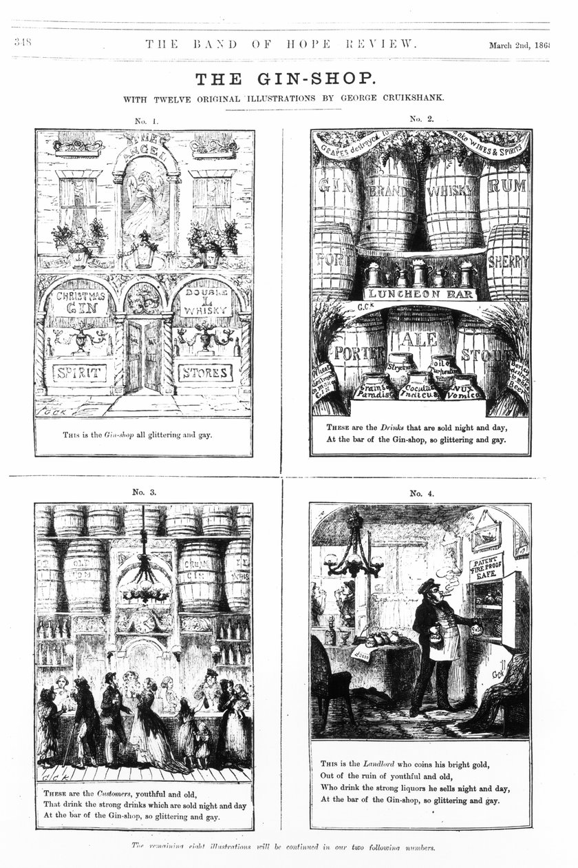The Gin Shop, illustration fra "The Band of Hope Review", 2. marts 1868 af George Cruikshank