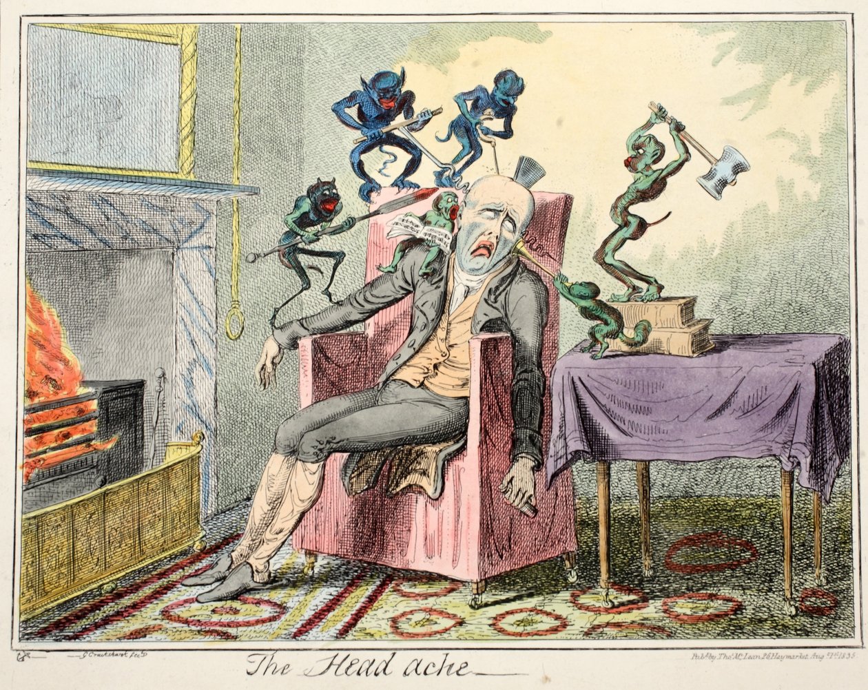 The Head Ache, pub. 1835 (håndfarvet gravering) af George Cruikshank