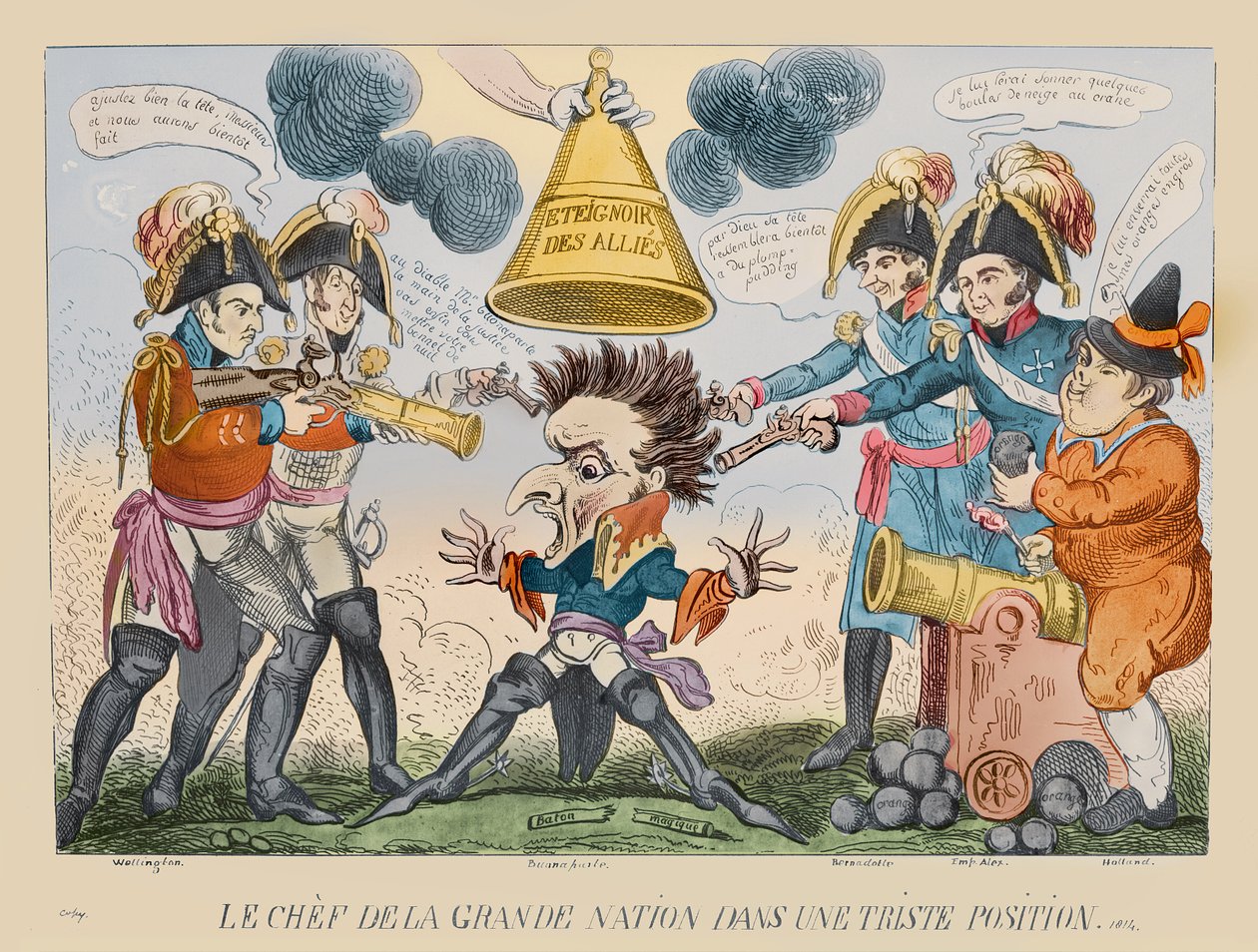 The Head of the Great Nation in a Queer Situation, 1813 (håndfarvet radering) af George Cruikshank