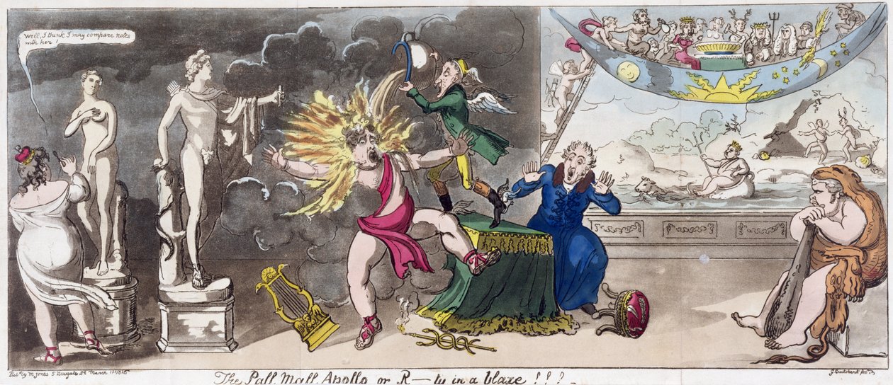 The Pall Mall Apollo eller R...ty i en flamme!!! 1816 (farvet gravering) af George Cruikshank