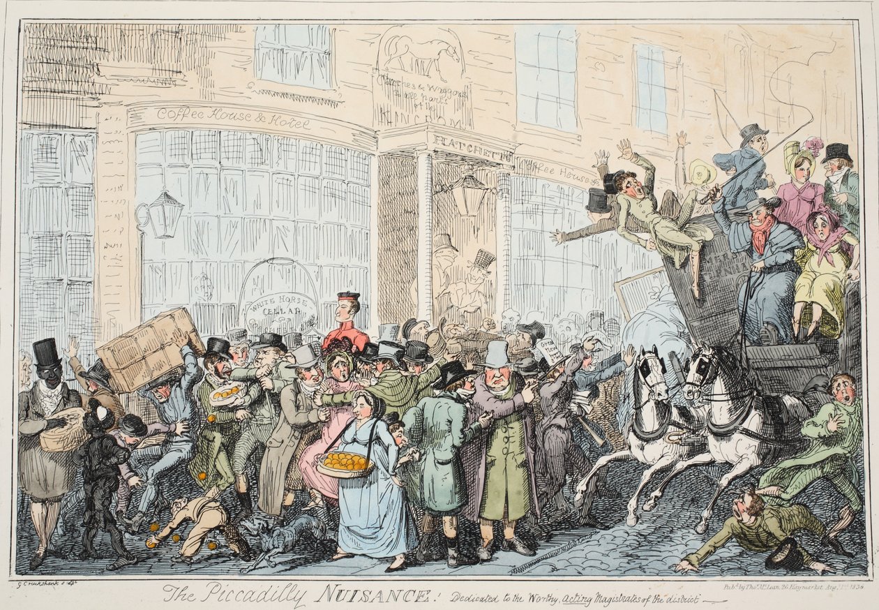 The Piccadily Nuisance, pub. 1936 (håndfarvet gravering) af George Cruikshank