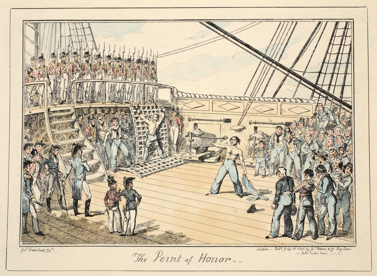 The Point of Honor, fra Greenwich Hospital, en serie af flådeskitser, der beskriver livet af en krigsmandsmand, pub. 1825 (håndfarvet gravering) af George Cruikshank