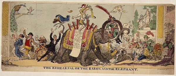 The Rehearsal or the Baron and the Elephant, satirisk tryk på Kembles udførlige produktioner på Covent Garden Theatre, der involverer dyr af George Cruikshank