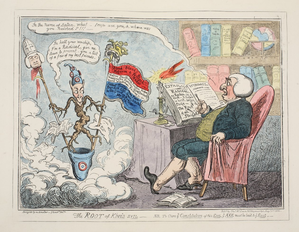 The Root of Kings Evil, pub. 1835 (håndfarvet gravering) af George Cruikshank