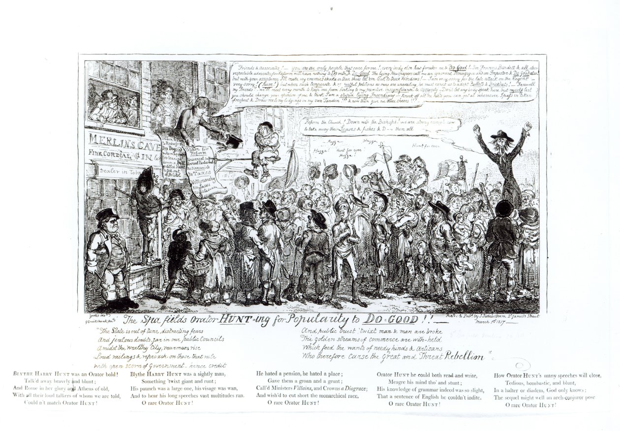 The Spa Fields Orator Hunting for Popularity to Do-Good!!!, udgivet af J. Sidebotham, 1817 af George Cruikshank