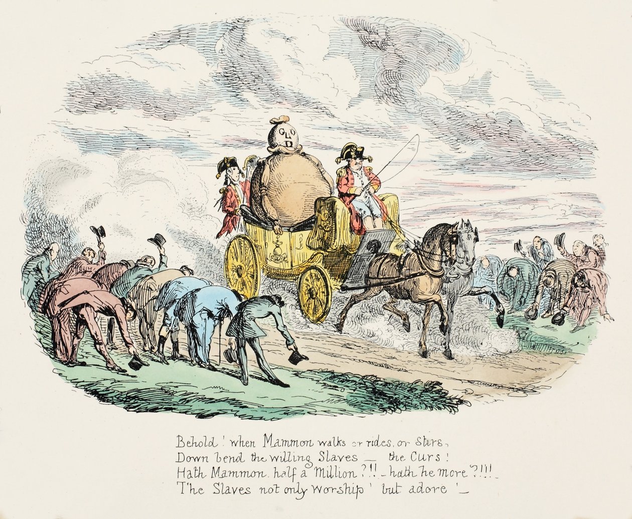 The Worship of Wealth, pub. 1834 (håndfarvet gravering) af George Cruikshank