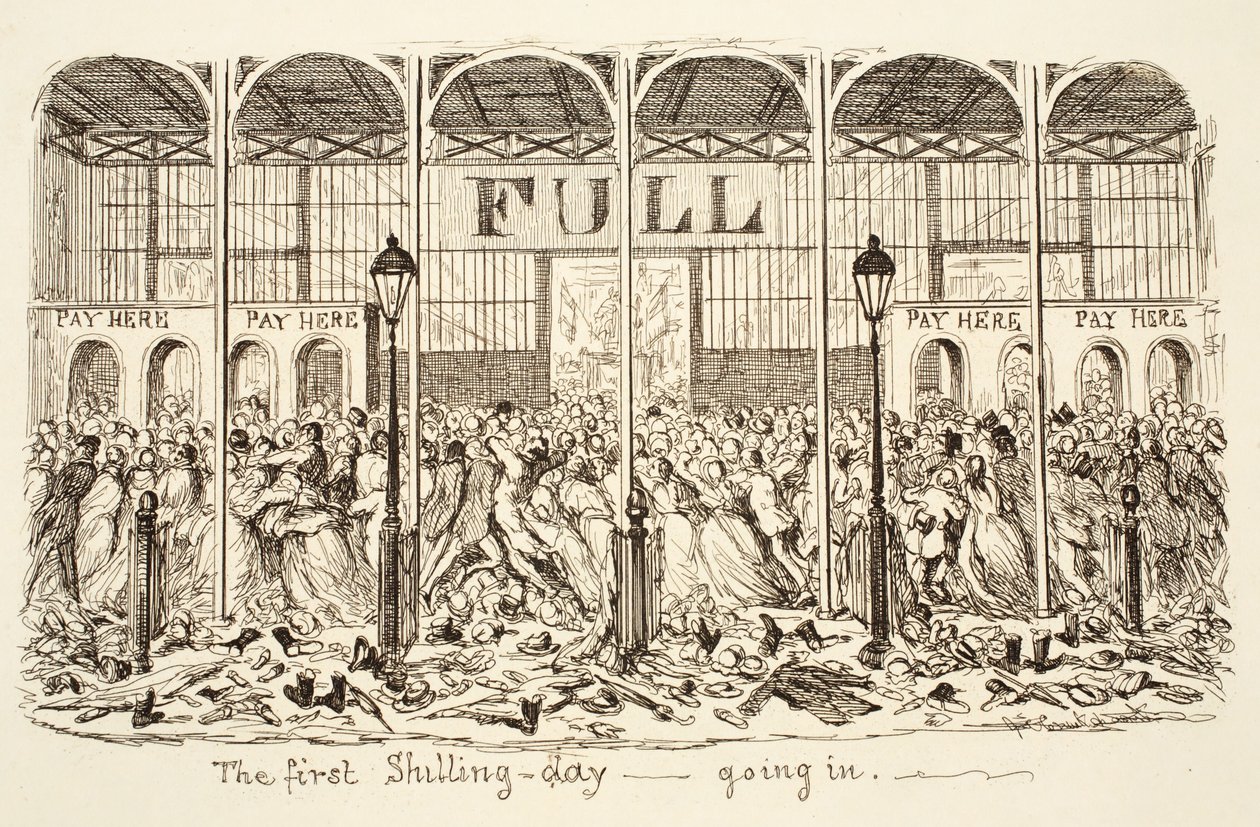 Den første Shilling-dag - Går ind, pub. 1851 (gravering) af George Cruikshank