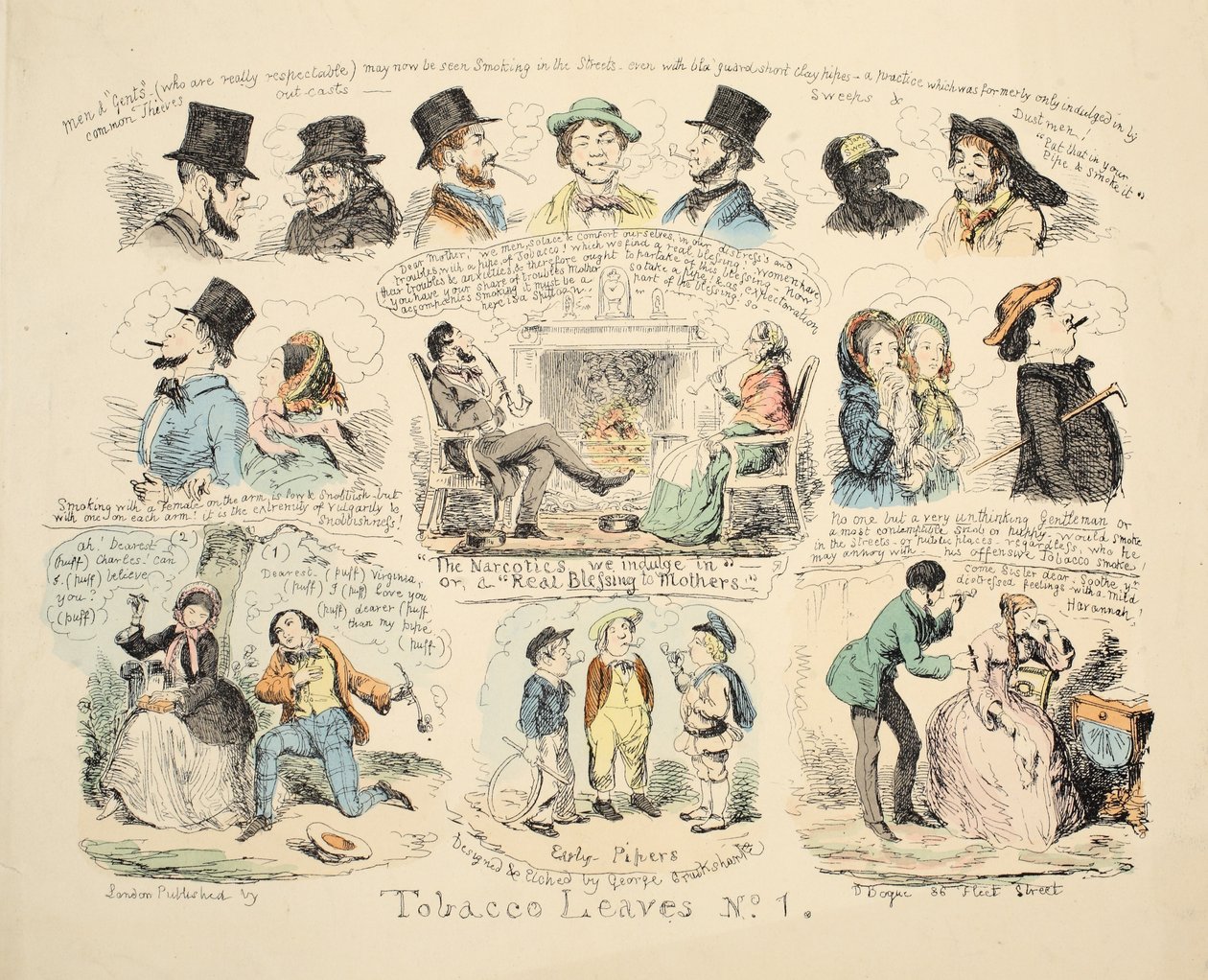 Tobaksblade nr. 1, udb. 1851 (håndfarvet gravering) af George Cruikshank