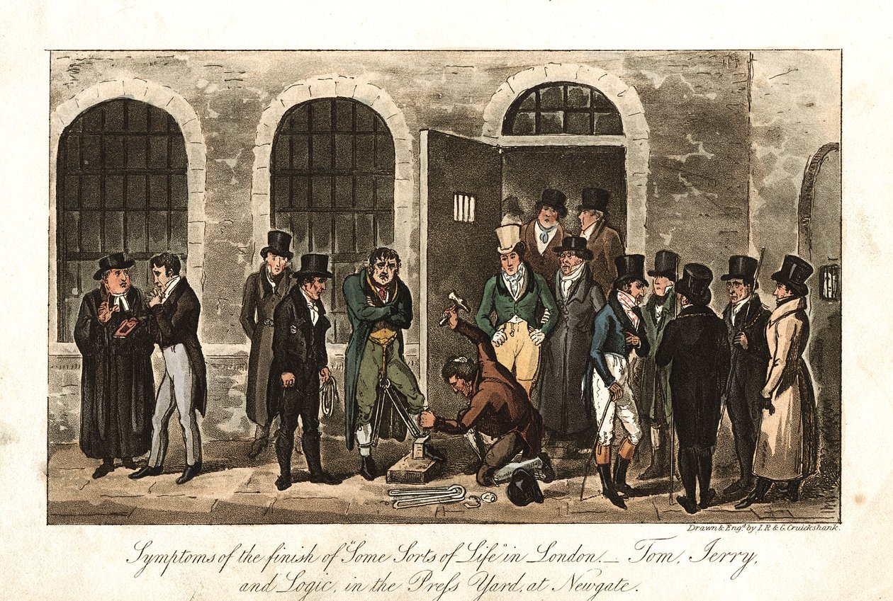 Tom, Jerry og Logic in the Press Yard, Newgate-fængslet, London, 1821 af George Cruikshank