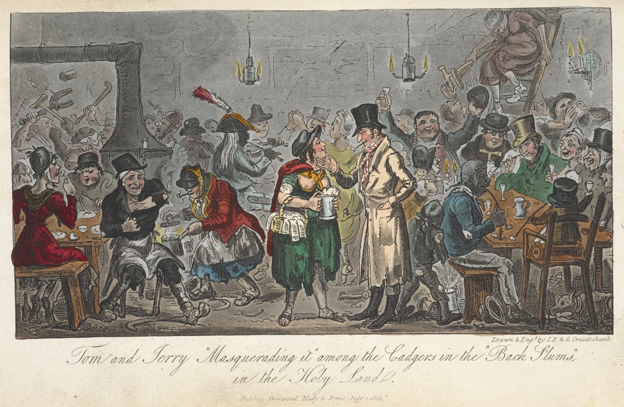 Tom og Jerry "Masquerading it" blandt cadgers i "sorte slumkvarterer", i det hellige land, "Life in London, etc.", af Pierce Egan af George Cruikshank