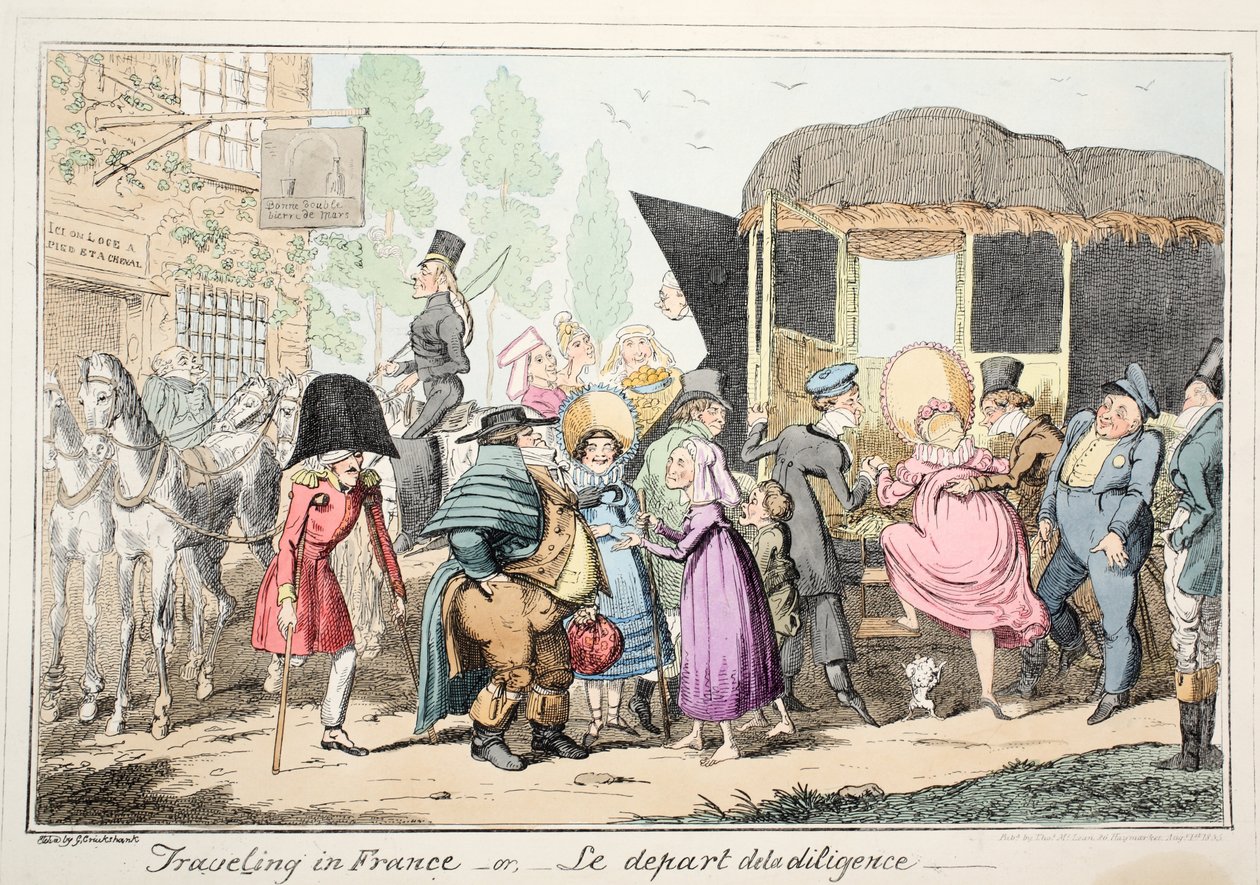 Rejser i Frankrig eller Le Depart de la Diligence, pub. 1835 (håndfarvet radering) af George Cruikshank