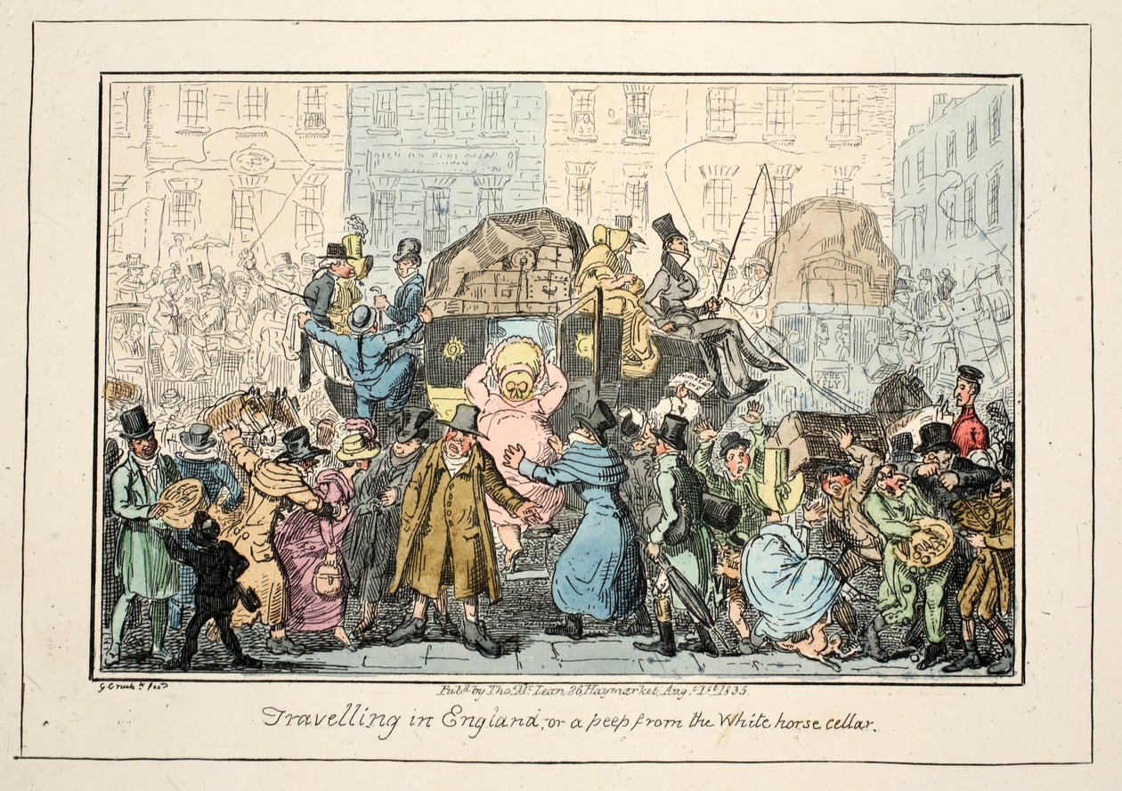 På rejse i England - eller et kig fra White Horse Cellar, pub. 1835 (håndfarvet gravering) af George Cruikshank