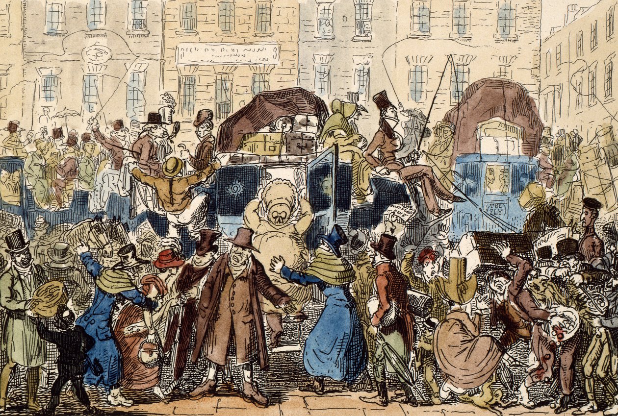 At rejse i England, eller et kig fra den hvide hestekælder, 1819 (håndfarvet radering) af George Cruikshank