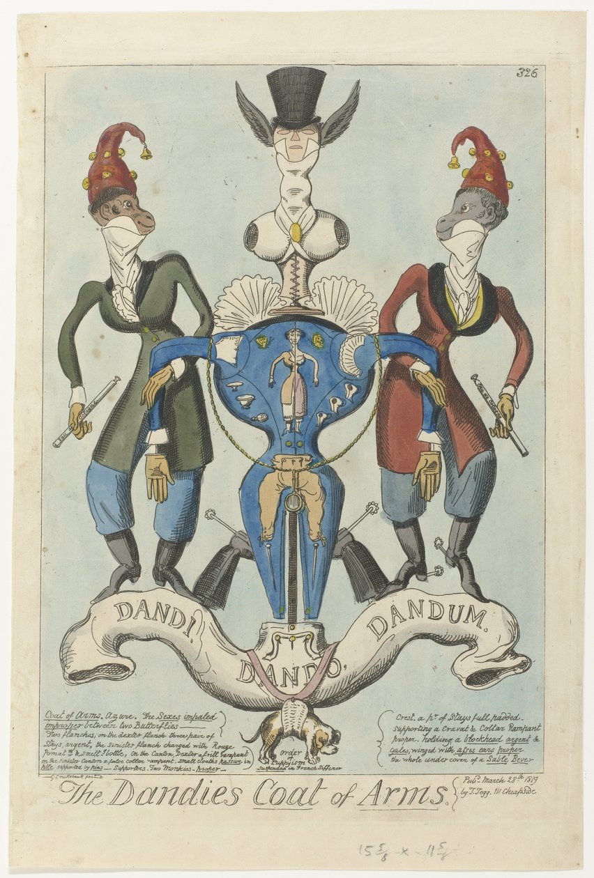 To klædte aber holder et mannequineformet våben The Dandies Coat of Arms (titel på objekt) af George Cruikshank