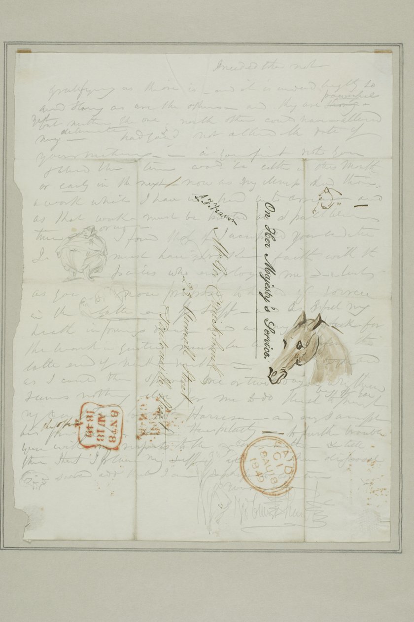 Uden titel (Cruikshank-brev med skitser af hestehoved) af George Cruikshank