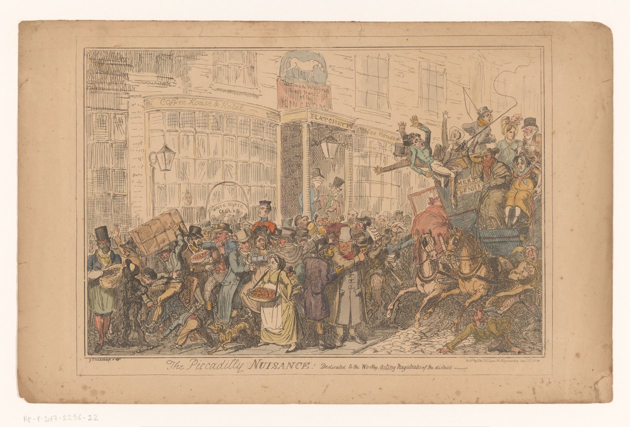 Verkehrschaos uden for hotellet Old White Horse Cellar i Piccadilly Piccadilly-ulagen! Dedikeret til de værdige, fungerende dommere i distriktet (titel på objekt) af George Cruikshank