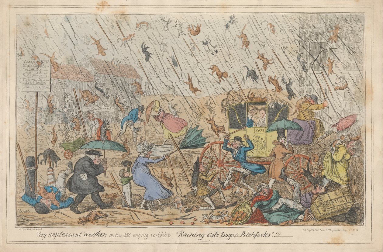 Meget ubehageligt vejr, eller det gamle ordsprog bekræftet "regnende katte, hunde og højgafler."!!! af George Cruikshank